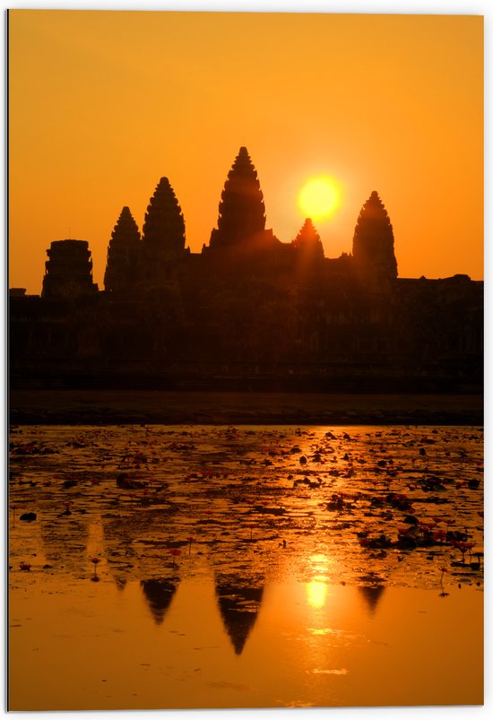 Dibond - Silhouet van Angkor Wat Tempel in Siem Reap, Cambodja - 70x105 cm Foto op Aluminium (Met Ophangsysteem)