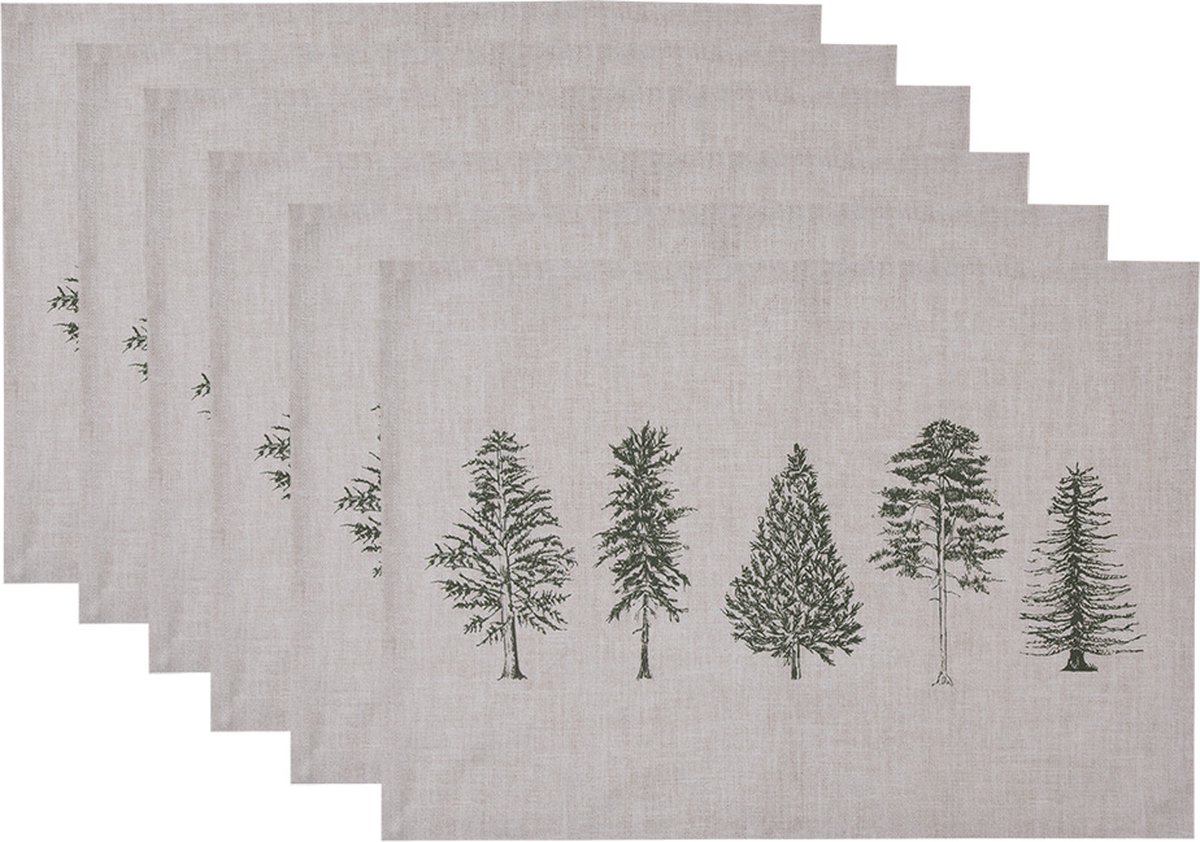 Clayre & Eef Placemats Set van 6 50x35 cm Beige Groen Katoen Dennenbomen