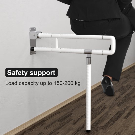 Opklapbare toiletbeugel met steunvoet, wit, met de tekst 'Safety support' en 'Load capacity up to 150-200 kg'.