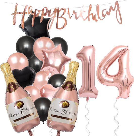 14 Jaar Verjaardag Cijferballon 14 - Feestpakket Snoes Ballonnen Pop The Bottles - Rose Zwart Versiering