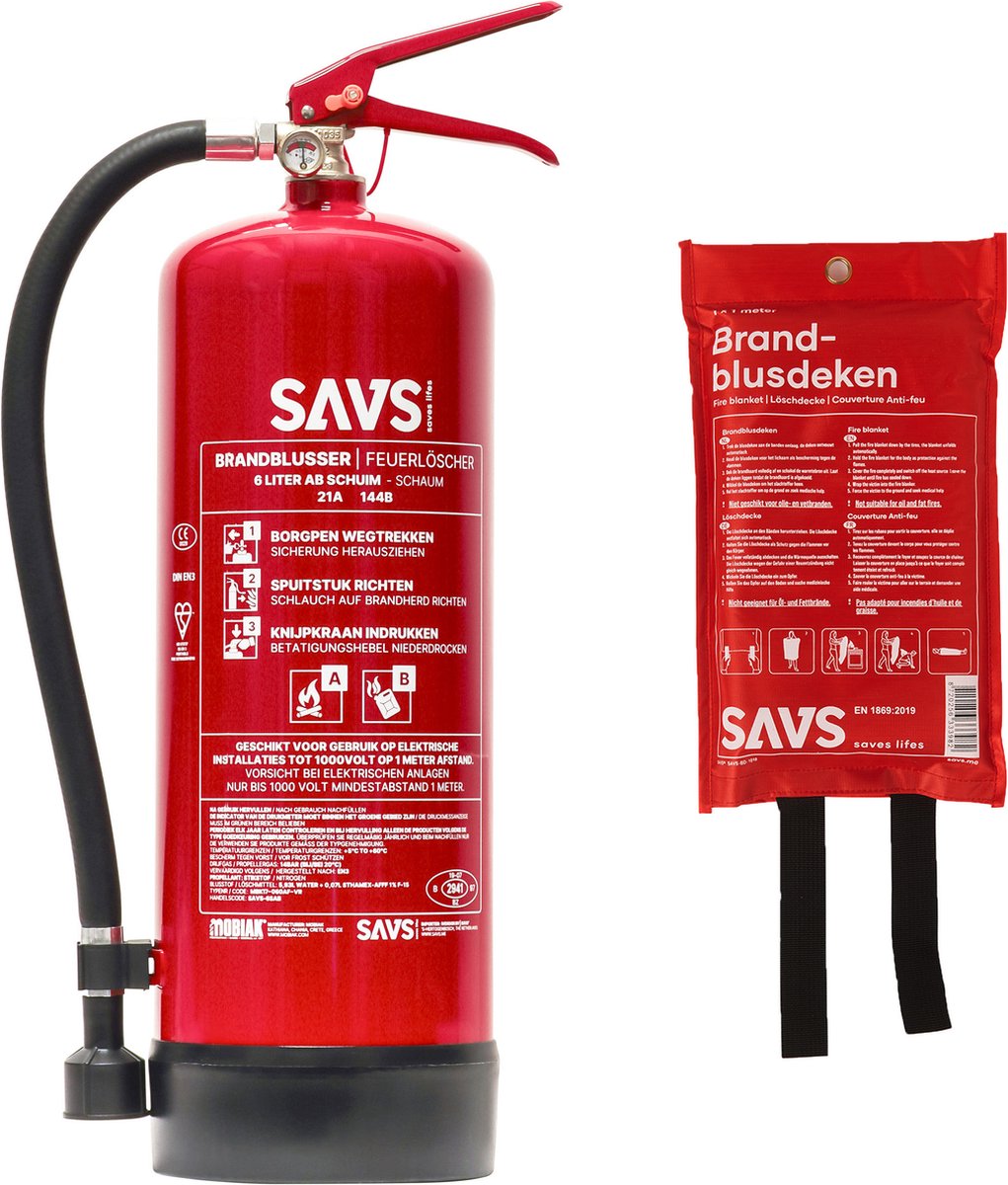 SAVS Brandblus box - Schuim Groot - Brandblusser schuim 6 liter & Blusdeken 120 x 180 cm - Blusrating 21A 144B - Met montagebeugel & ophangoog - Schuimblusser & Branddeken voor o.a. thuis & bedrijf