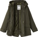 Groene parka open met capuchon, rits, knopen en label.
