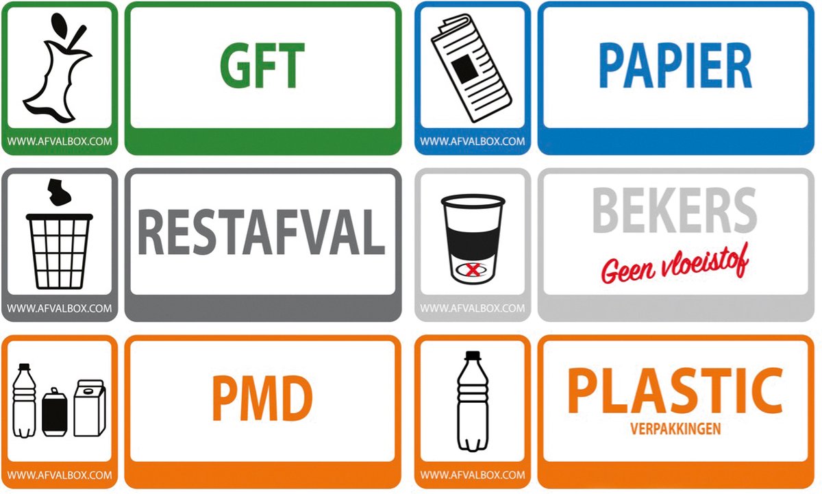 Stickers - Afvalstickers - Stickers afvalscheiding - Afvalscheidingsstickers - set van 6 milieuvriendelijke papieren stickers 8x20 cm - restafval - plastic -papier - PMD - GFT - bekers - vuilnisbak sticker - afvalbak sticker - container stickers