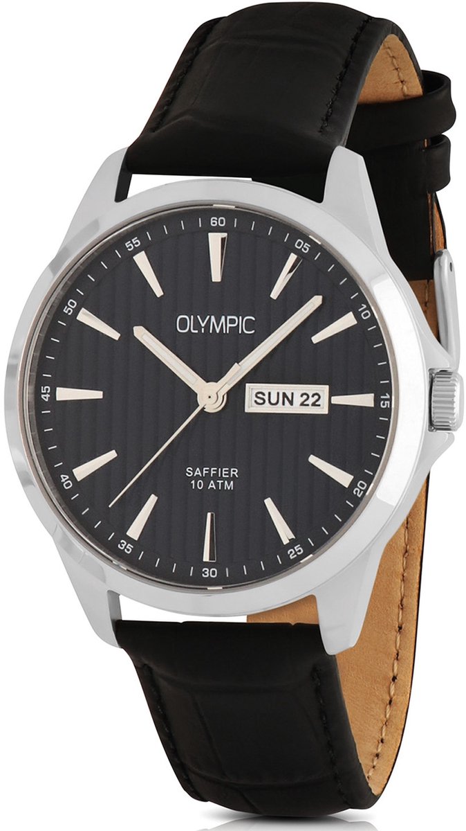 Olympic OL26HSL080 John Heren Horloge - Saffierglas - Staal-Leer - Zilverkleurig-Zwart - 41 mm breed - Quartz - Gesp - 10 ATM (zwemmen)