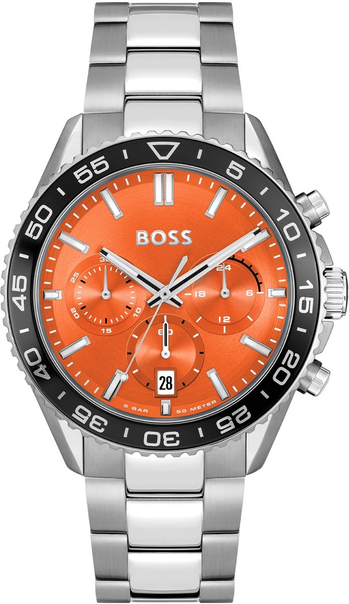 BOSS HB1514162 RUNNER Heren Horloge - Chronograaf - Mineraalglas - Staal - Zilverkleurig - 43 mm breed - Quartz - Vouw-Vlindersluiting - 5 ATM (douchen)