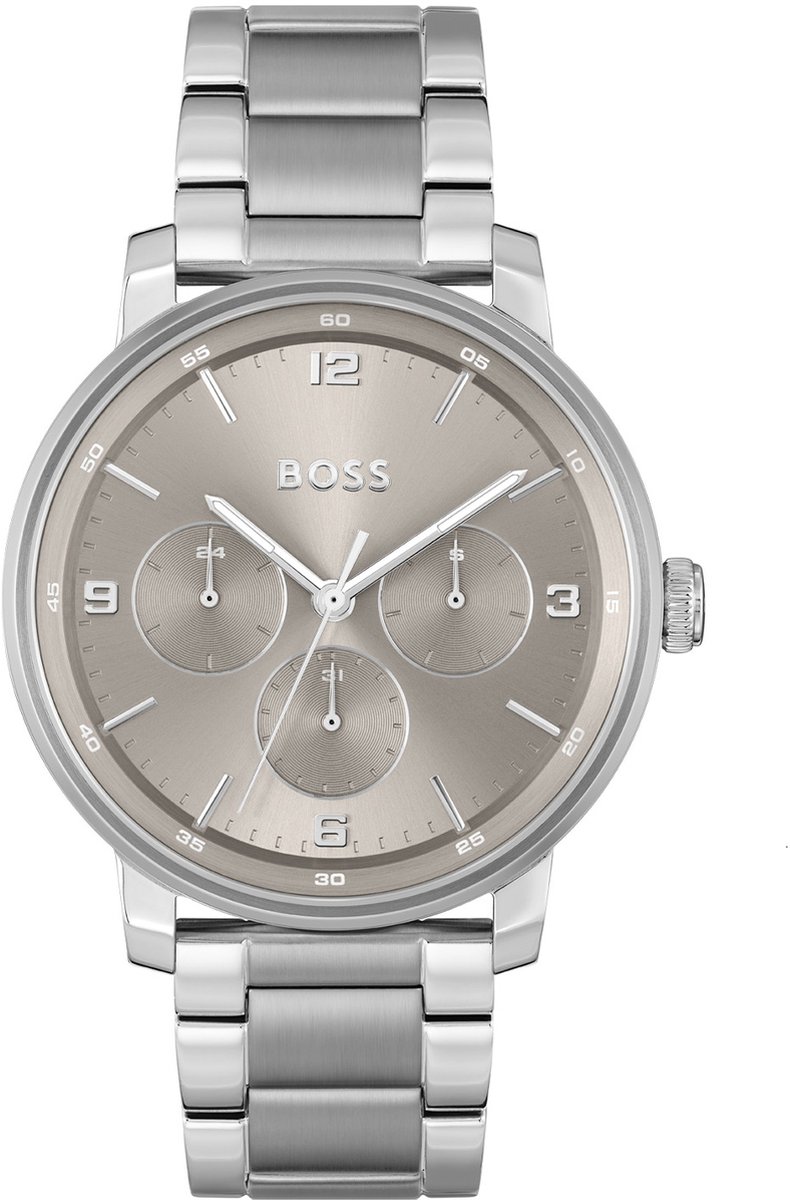 BOSS HB1514127 CONTENDER Heren Horloge - Mineraalglas - Staal - Zilverkleurig - 44 mm breed - Quartz - Vouw-Vlindersluiting - 5 ATM (douchen)