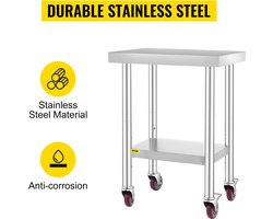 Momentum® Roestvrijstalen Werktafel met Planken en Wielen 76cm x 60cm – Ideaal voor Keuken - Restaurant en Opslag