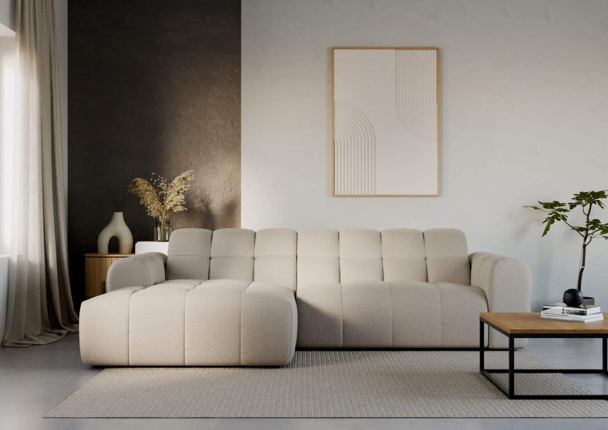 hoekbank chicago- beige stof- lounge links- hoekzetel zonder bed en opbergruimte- zetelsenbedden