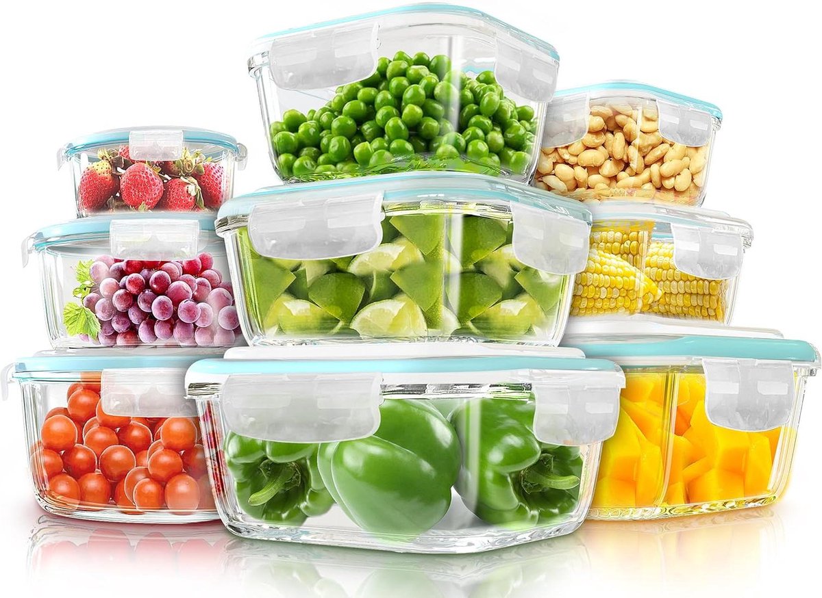18-delige glazen voedselopslagcontainer - magnetron- en vriezerbestendig - lekvrij - vaatwasserbestendig - BPA-vrij