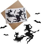 Statische raamstickers Heks en Vleermuizen – Halloween decoratie 5-delig – Herbruikbaar, Duurzaam en geleverd in stevige bewaarenvelop