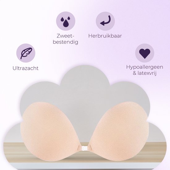 Vier iconen: 'Ultrazacht', 'Zweetbestendig', 'Herbruikbaar', 'Hypoallergeen & latexvrij'. Beige plak-bh onderaan.