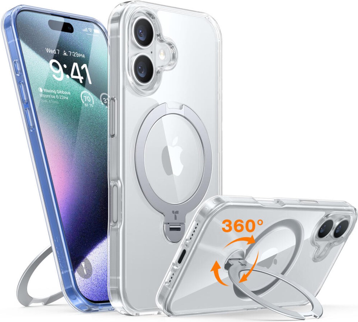 TORRAS UPro Ostand Spin Hoesje Geschikt voor Apple iPhone 16 - Compatibel met MagSafe - 360° Draaibare Magnetische Standaard - Back Cover Kickstand Ring - Transparant