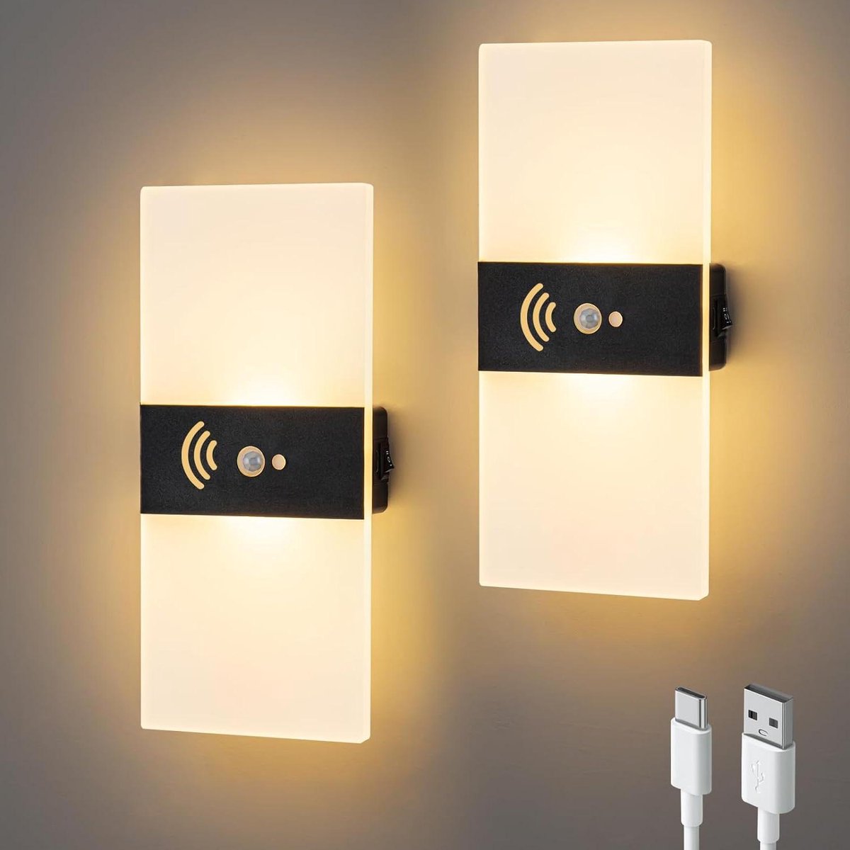 Wandlamp met bewegingsmelder en 3600 mAh accu - draadloos en energiebesparend - set van 2 - voor binnen - met schakelaar wandlamp oplaadbaar