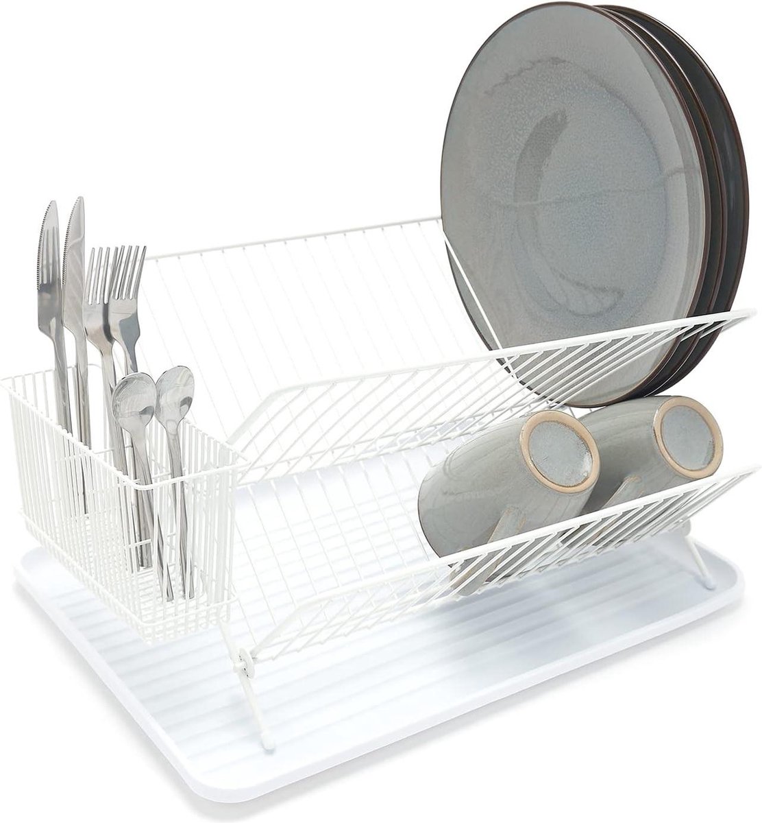 Goedkoopste Opvouwbaar afdruiprek voor borden - Wit - Praktisch borddroogrek met bestekhouder afdruiprek met lekbak inklapbaar