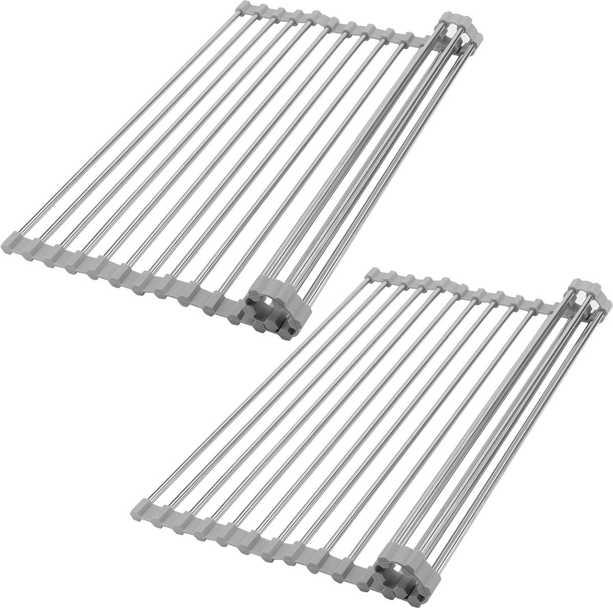 Goedkoopste Oprolbaar Afdruiprek 304 Roestvrij Staal - Set van 2 - Antislip Siliconen - Opvouwbaar - Voor Aanrecht en Afvoer - Keukenorganizer - 43 x 35 cm afdruiprek met lekbak inklapbaar