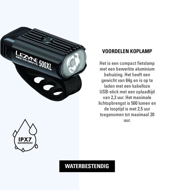 Lezyne Hecto Drive 500XL / KTV Drive Pair - Oplaadbare LED fietslampen - 8 standen - tot 500 Lumen - Accu tot 20 uur - Waterdicht - Zwart — afbeelding 3