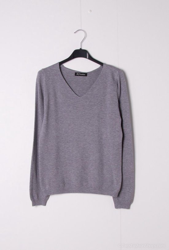 Pull chaud en maille fine pour femme Emily à col V uni gris manches longues Taille S/M
