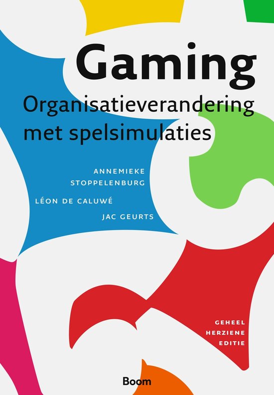 Boek 'Gaming Organisatieverandering met spelsimulaties' met kleurrijke abstracte vormen.