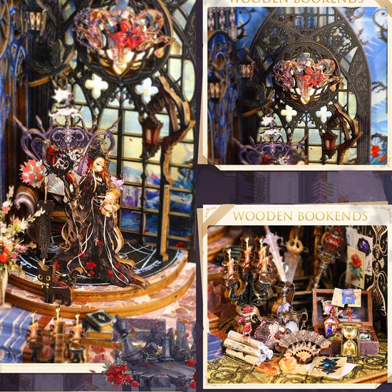 Collage van miniatuur poppenhuizen met koningin, kat, bloemen, en gedetailleerde meubels en accessoires.