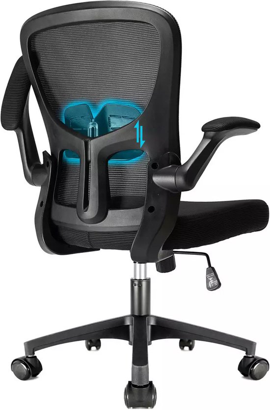 Durrafy Bureaustoel - Ergonomische Bureaustoel - Verstelbare Kantoorstoel met Lendensteun & 90° Opklapbare Armleuningen | Mesh Zitting & Stille Rolwielen | Hoogteverstelling, Capaciteit Tot 130kg，Stijlvolle zwarte - ideaal voor thuis én kantoor