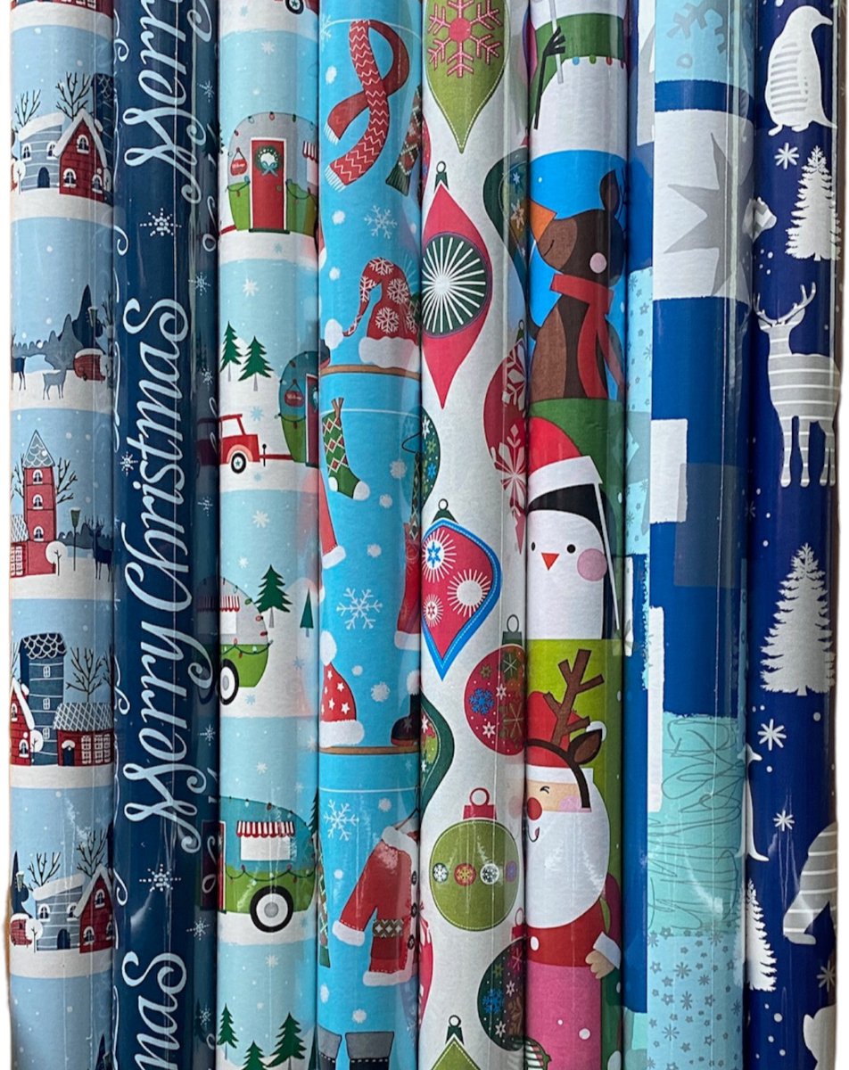 FESTIVE GIFTS Inpakpapier - Cadeaupapier - 200 x 70cm - 8 rollen - Kerst - Luxe Cadeauverpakking - Kleurrijk