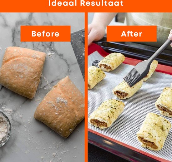 Voor-en-na afbeelding van deeg en gebakken broodjes. Links, rauw deeg op een aanrecht. Rechts, gebakken broodjes met glaze. Tekst: Before, After, Ideaal Resultaat.