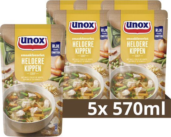 Unox Smaakfavoriet Soep In Zak - Heldere Kippensoep - met malse stukjes kip, wortel, doperwtjes en vermicelli - 5 x 570 ml