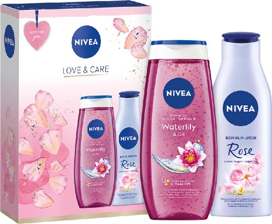 NIVEA Love & Care Geschenkset Vrouwen - Verjaardag Cadeau - Valentijn Cadeautje - Giftset met Bodylotion en Douchegel - Cadeauset