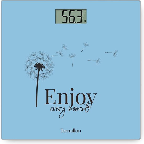 Balance personnelle bleu clair avec affichage numérique de 56.3 kg, motif pissenlit et texte 'Enjoy every moment'.