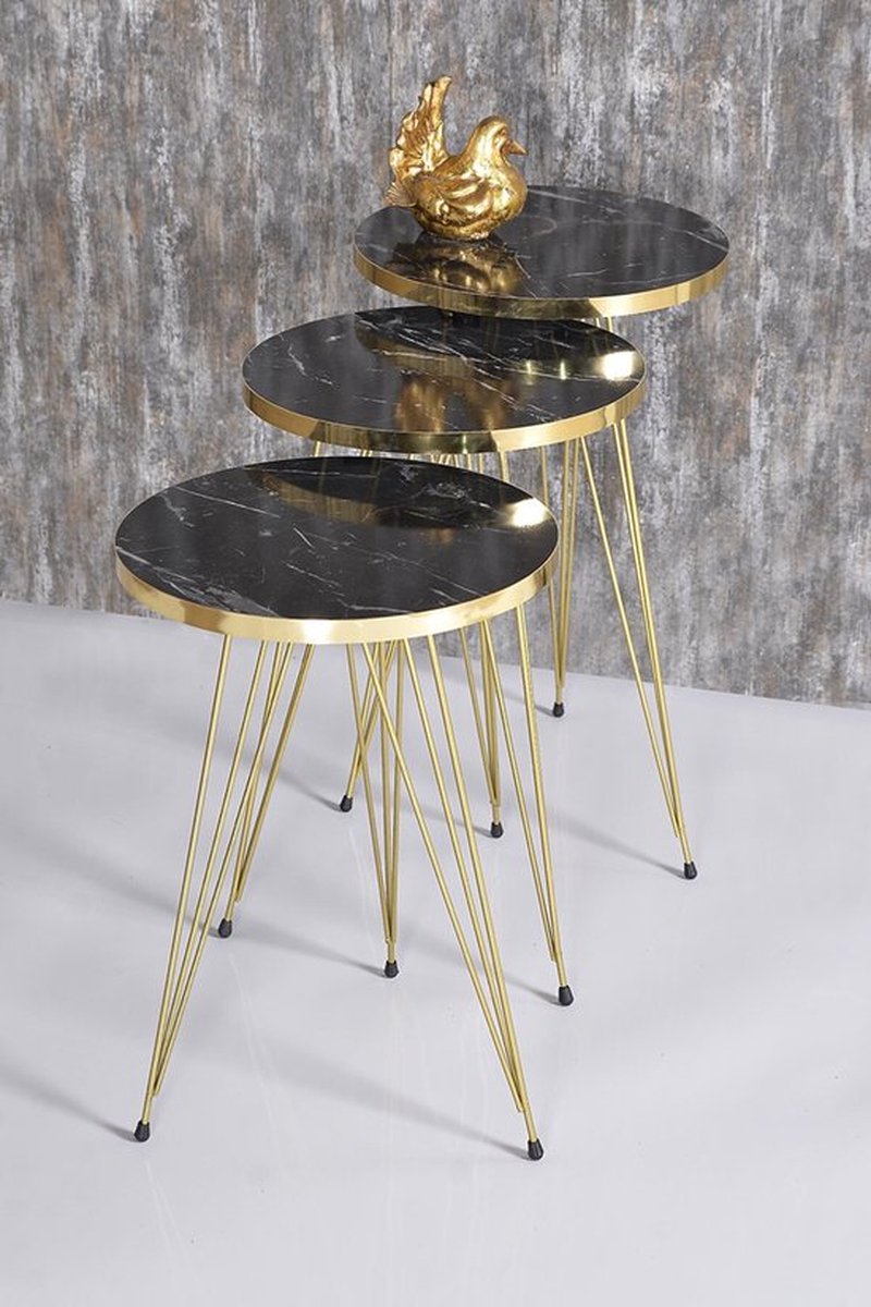 Bijzettafel - Zwart Marmerdraad - Marmerpatroon - Bijzettafels - Middentafelset - Set van 3 - Luxe Design - Bijzettafel - Bank - Woonkamertafel - 34X34 cm