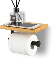 YONO Porte-rouleau de papier toilette avec étagère - Porte-rouleau de papier toilette sans Embouts - Porte-papier toilette - Acier inoxydable et bois - Zwart