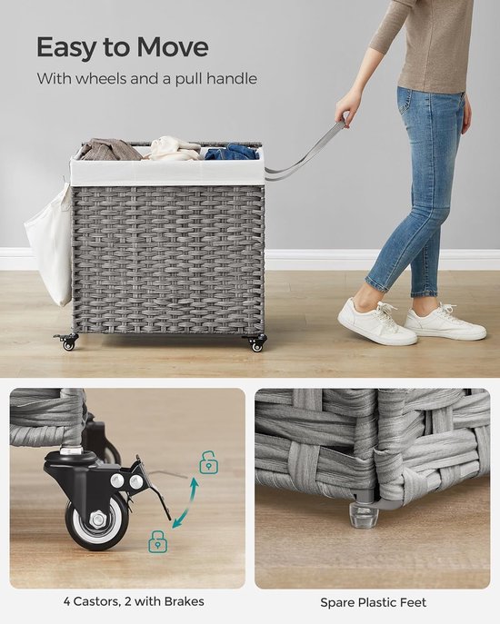 LIVINGSIGNS 140L panier à linge tissé à la main, sac à linge avec couvercle, avec 3 compartiments, pliable, avec roues, en polyrotin, poignées, sac à linge en coton lavable en machine, couleurs naturelles LCB363G01