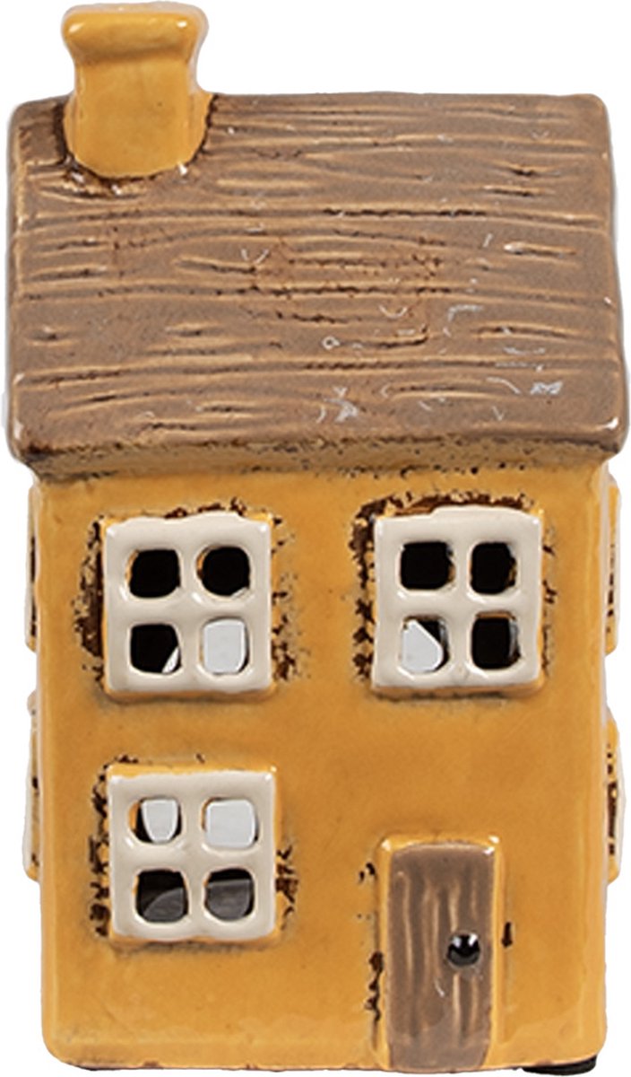 Clayre & Eef Waxinelichthouder Huis 9x9x15 cm Geel Bruin Keramiek