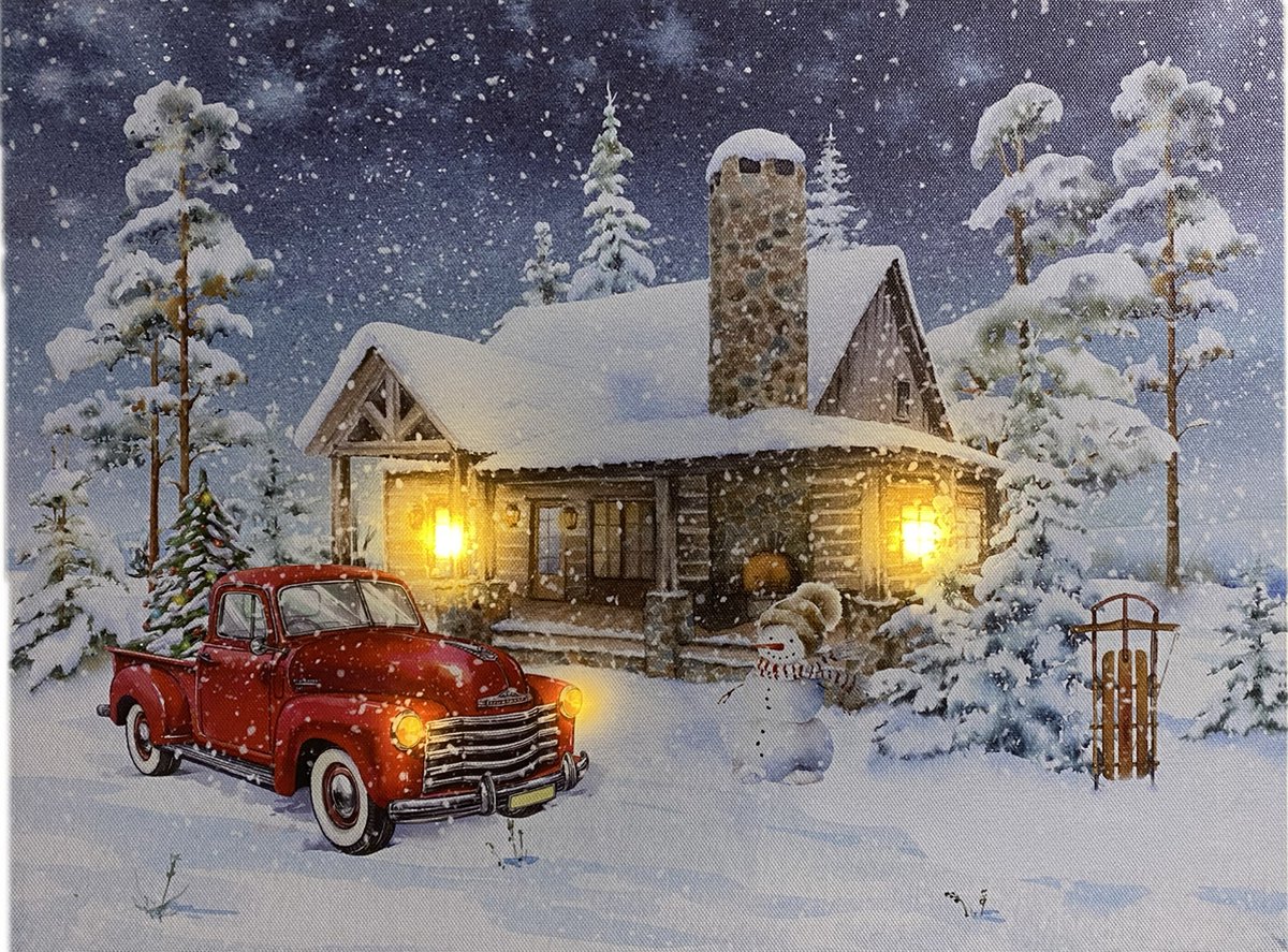 Schilderij met led verlichting - Canvas op houten frame - Huis met rode Truck in sneeuwbui - 4 x LED - 40 x 30 cm - Kersthuisjes en Kerstdorp met verlichting