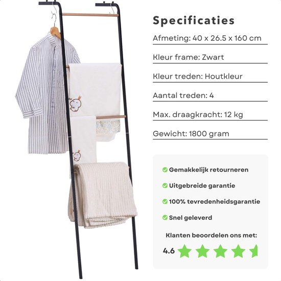 Cheqo® Porte-serviettes sur pied - Échelle décorative - Échelle à serviettes - Support mural - Porte-vêtements - Autonome - Métal Zwart et bois - 160 cm - Porte-échelle de salle de bain