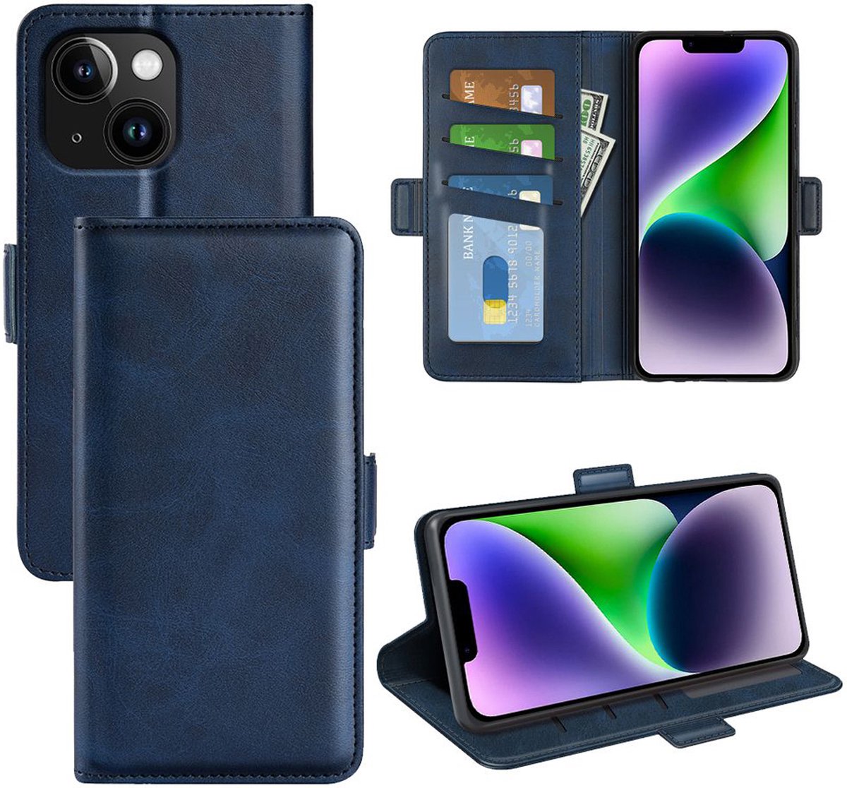 MobyDefend Hoesje - Geschikt voor iPhone 15 - Luxe Wallet Book Case (Sluiting Zijkant) - Blauw