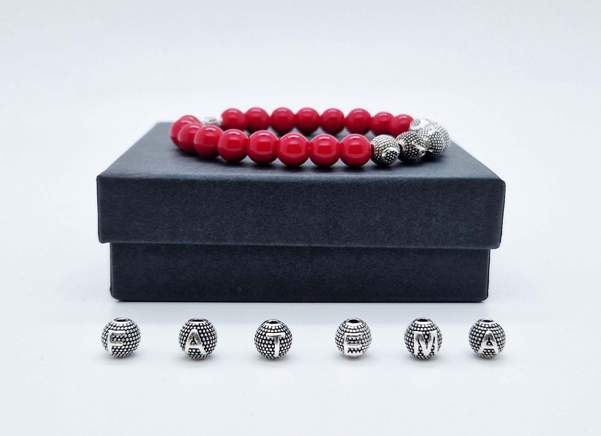 Handgemaakte Natuurstenen armband met metaal naam "Bloedkoraal" - Met je naam of de naam van uw geliefde- 8 mm diameter van de korrel- Diameter armband 20 cm - Een mooi cadeau voor familie en vrienden
