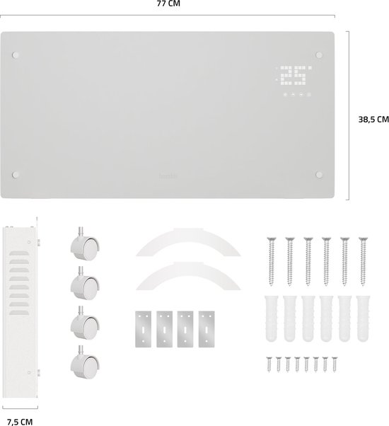 Afmetingen van een witte glazen convectorverwarming (77x38,5x7,5 cm) en meegeleverde accessoires zoals wieltjes en bevestigingsmateriaal.