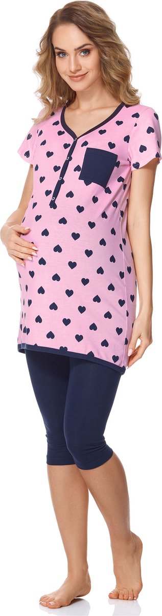 Bellivalini Dames Zwangerschapspyjama - Korte mouwen - Korte broek met borstvoedingsfunctie - Katoen - BLV-BLV50-126-PJ - Roze Harten/Marineblauw - M