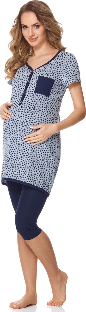 Bellivalini Dames Zwangerschapspyjama - Korte mouwen - Korte broek met borstvoedingsfunctie - Katoen - BLV-BLV50-126-PJ - Gemêleerd Sterren/Marineblauw - XL