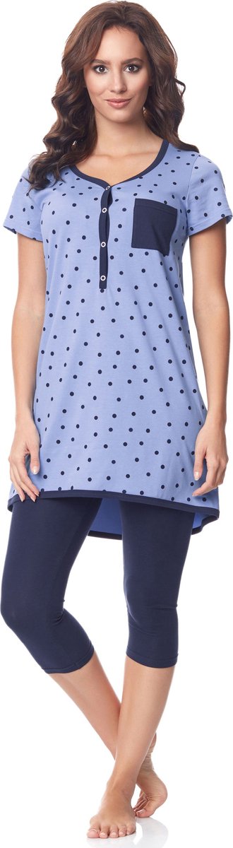 BeMammy Dames Zwangerschapspyjama - Korte mouwen - Korte broek met borstvoedingsfunctie - Katoen - BE-BE20-177-PJ - Blauw-Punten-Marine - S