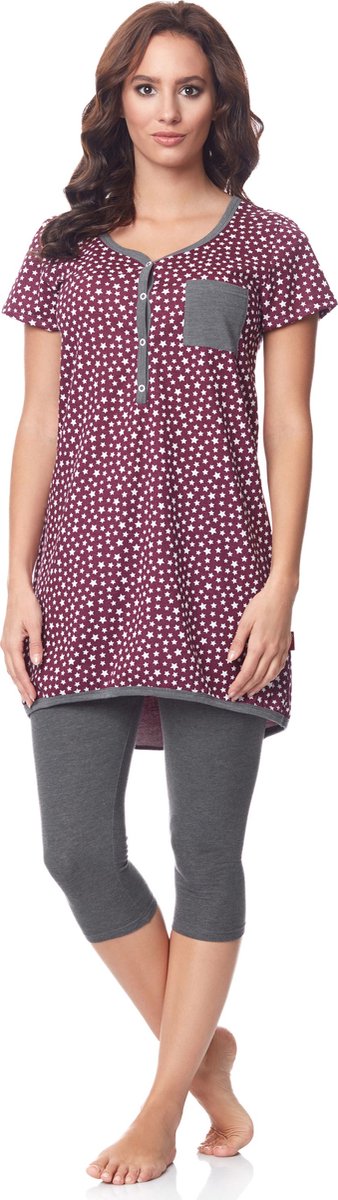 BeMammy Dames Zwangerschapspyjama - Korte mouwen - Korte broek met borstvoedingsfunctie - Katoen - BE-BE20-177-PJ - Bordeaux-Sterren-Grijs - S
