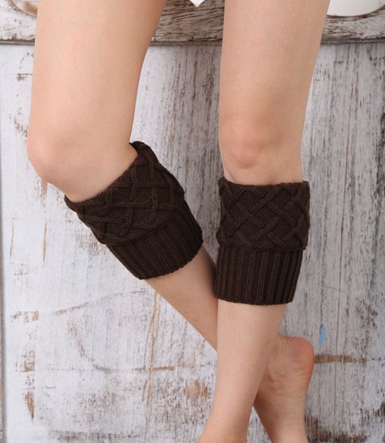 Lot de 2 paires de chaussettes tendance en tricot pour femme - Jambières d'hiver en crochet - Jambières en laine tricotée - Chaussettes courtes en maille losange - Marron foncé + noir - 15 cm