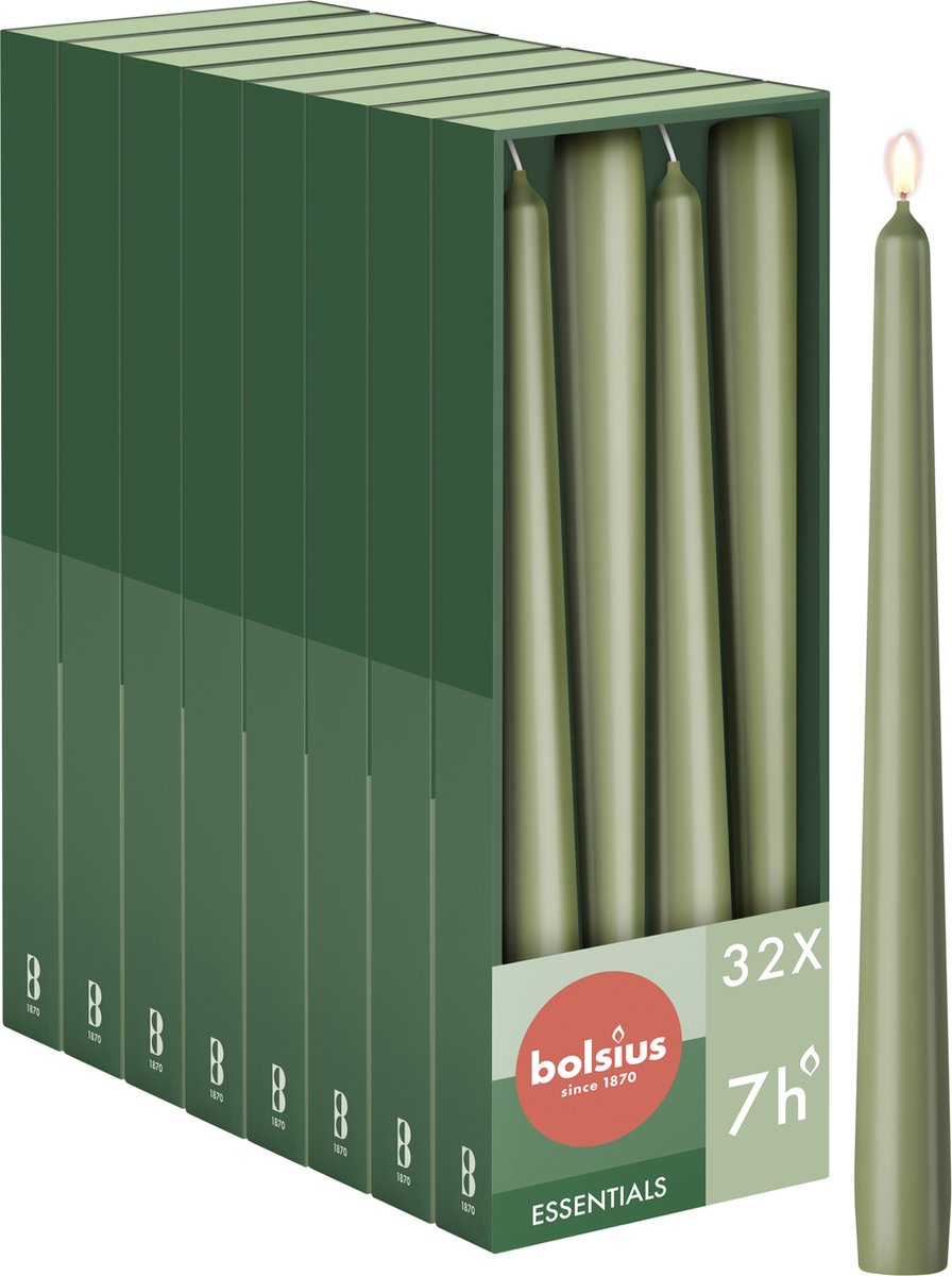 Bolsius Gladde Dinerkaarsen - 24,5 cm - 32 stuks - Olijfgroen