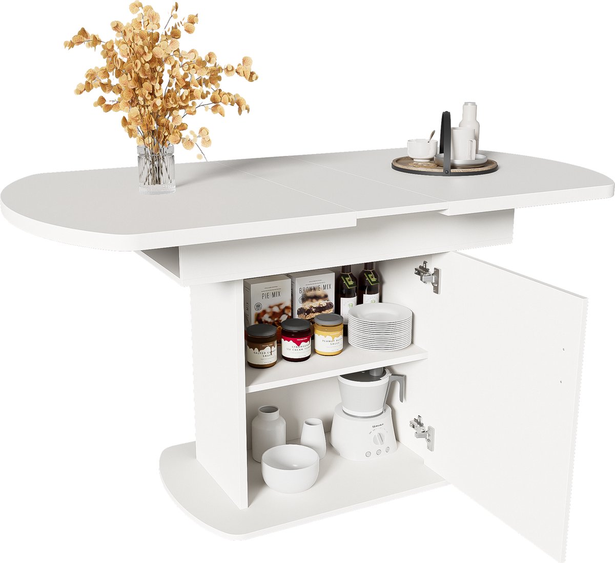 Merax Uitschuifbare Ovale Eettafel met Opbergruimte - L110/130W70H75cm - Modern Minimalistisch Design - Wit met Zilveren Handgreep