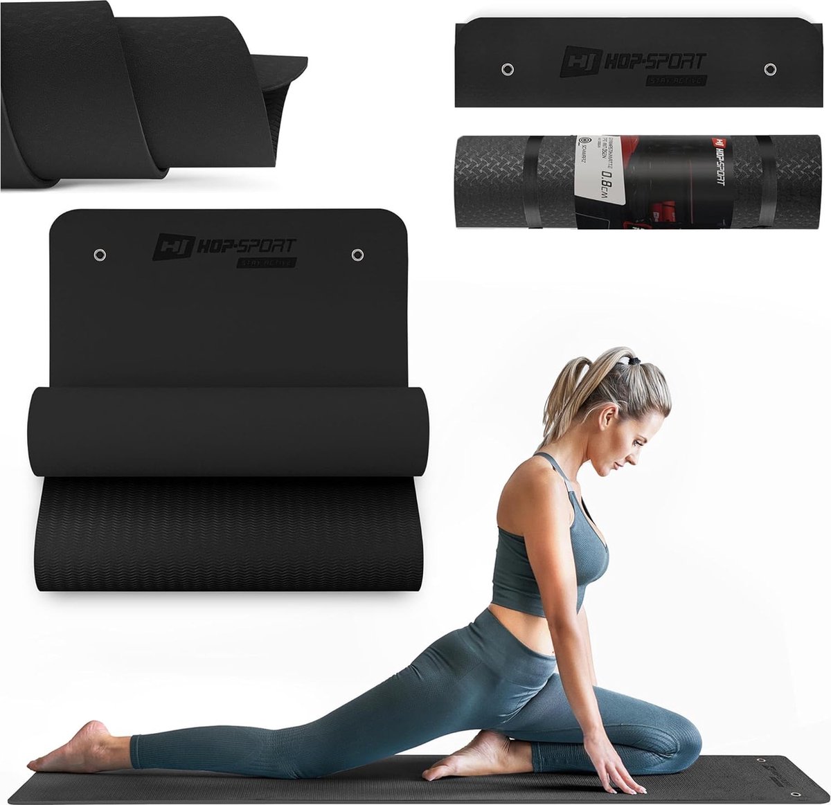 Hop-Sport Fitnessmat HS-T008GM – TPE Yogamat met Oogjes 183 x 61 x 0,8 cm – Antislip en Opvouwbaar – Zwart