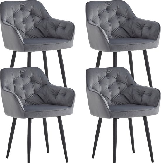 Colenis® - Chaise de salle à manger Iris - Grijs - Set de 4 - Velours - Velours - Design - Avec accoudoirs -