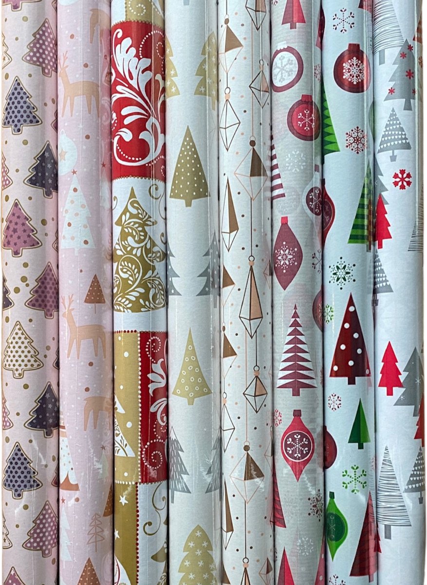 FESTIVE GIFTS Inpakpapier - Cadeaupapier - 200 x 70cm - 8 rollen - Kerst - Luxe - Luxe Cadeauverpakking - (ontwerp/kleur)