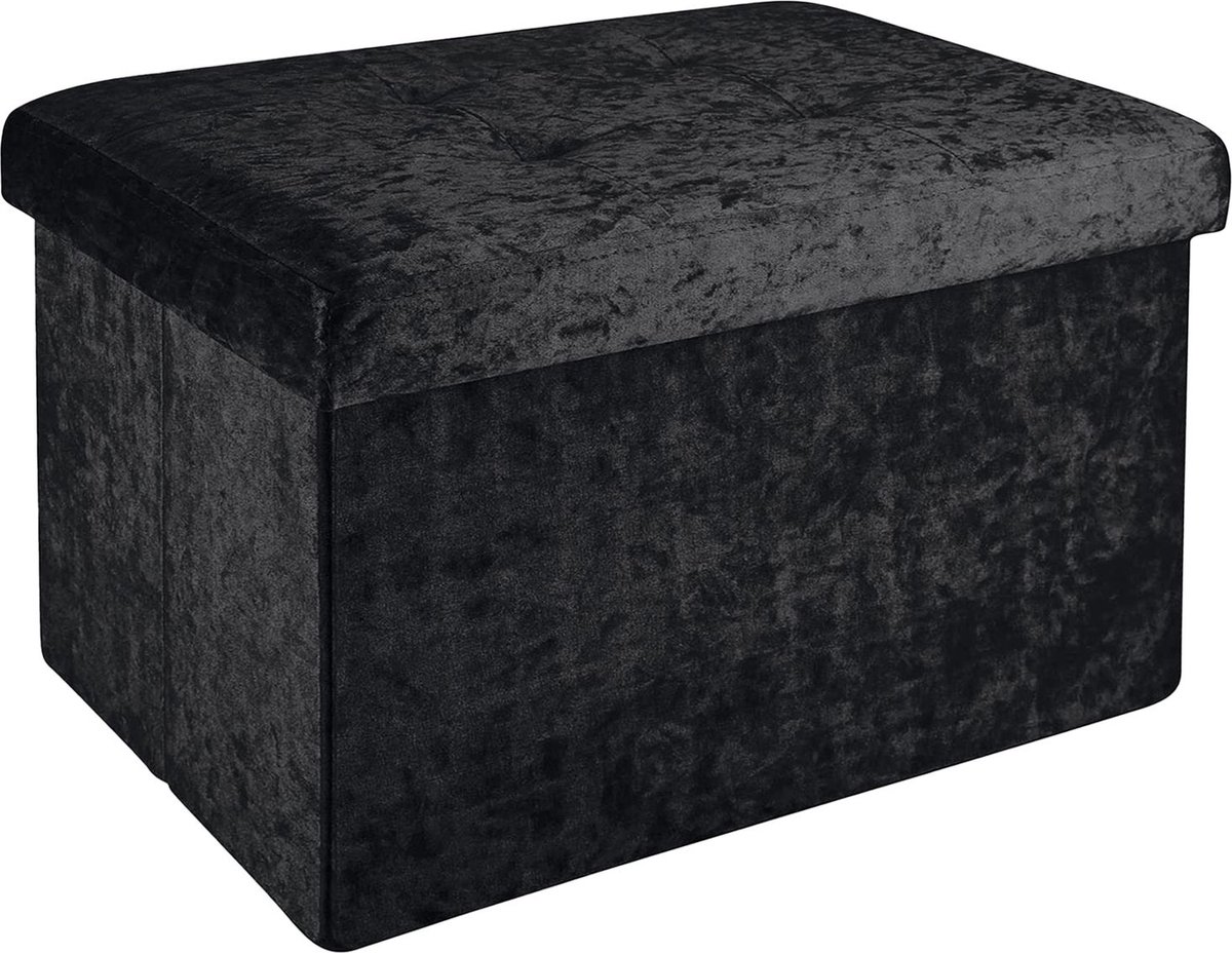Intirilife Opvouwbare bank 49x30x30 cm in zwart fluweel - zitkubus met opbergruimte en deksel met fluwelen hoes - zitkubus voetensteun opbergkist zitkruk
