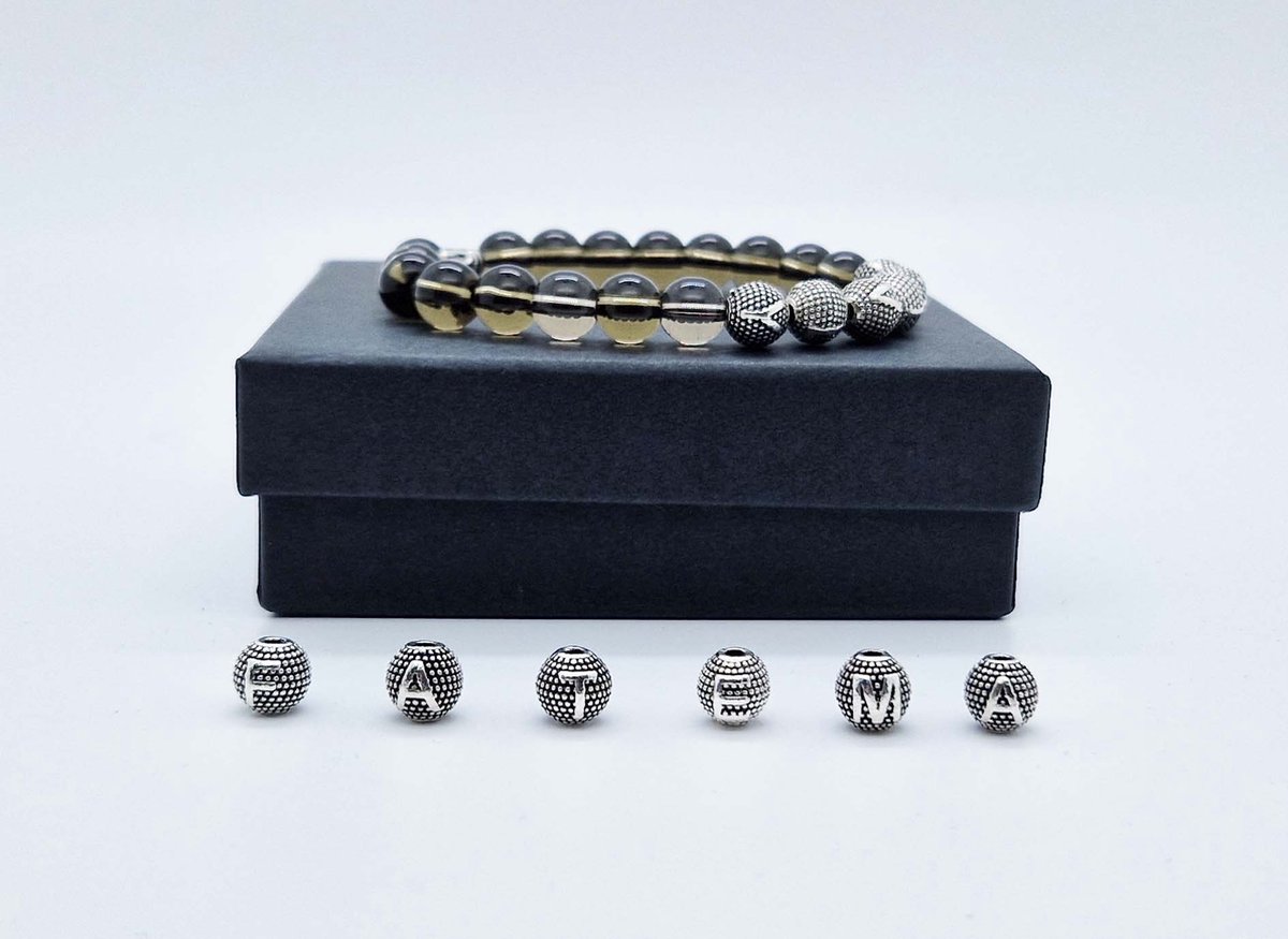 Handgemaakte Natuurstenen armband met metaal naam " Rookkwarts " - Met je naam of de naam van uw geliefde- 8 mm diameter van de korrel- Diameter armband 20 cm - Een mooi cadeau voor familie en vrienden